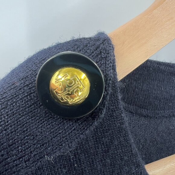 Tory Burch dark navy blue 100% merino wool sweater blouse half sleeve gold top L - Picture 6 of 13